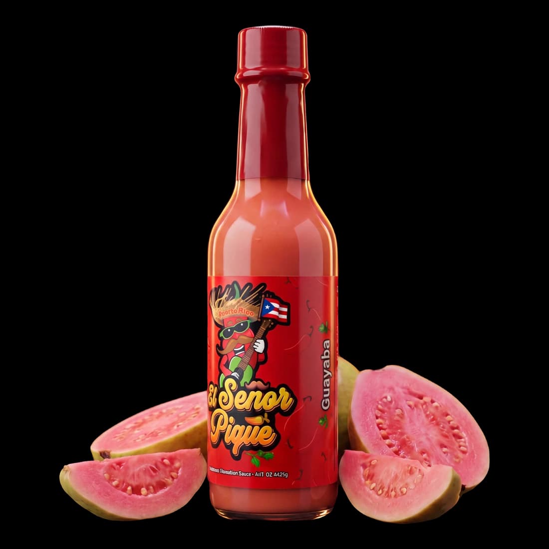 Botella de El Señor Pique sabor guayaba con guayabas