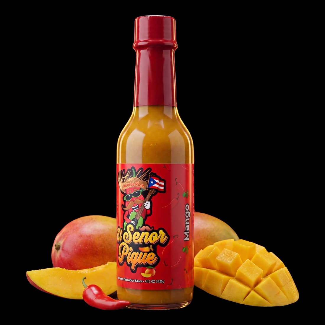 Botella de El Señor Pique sabor mango con mangos y ají