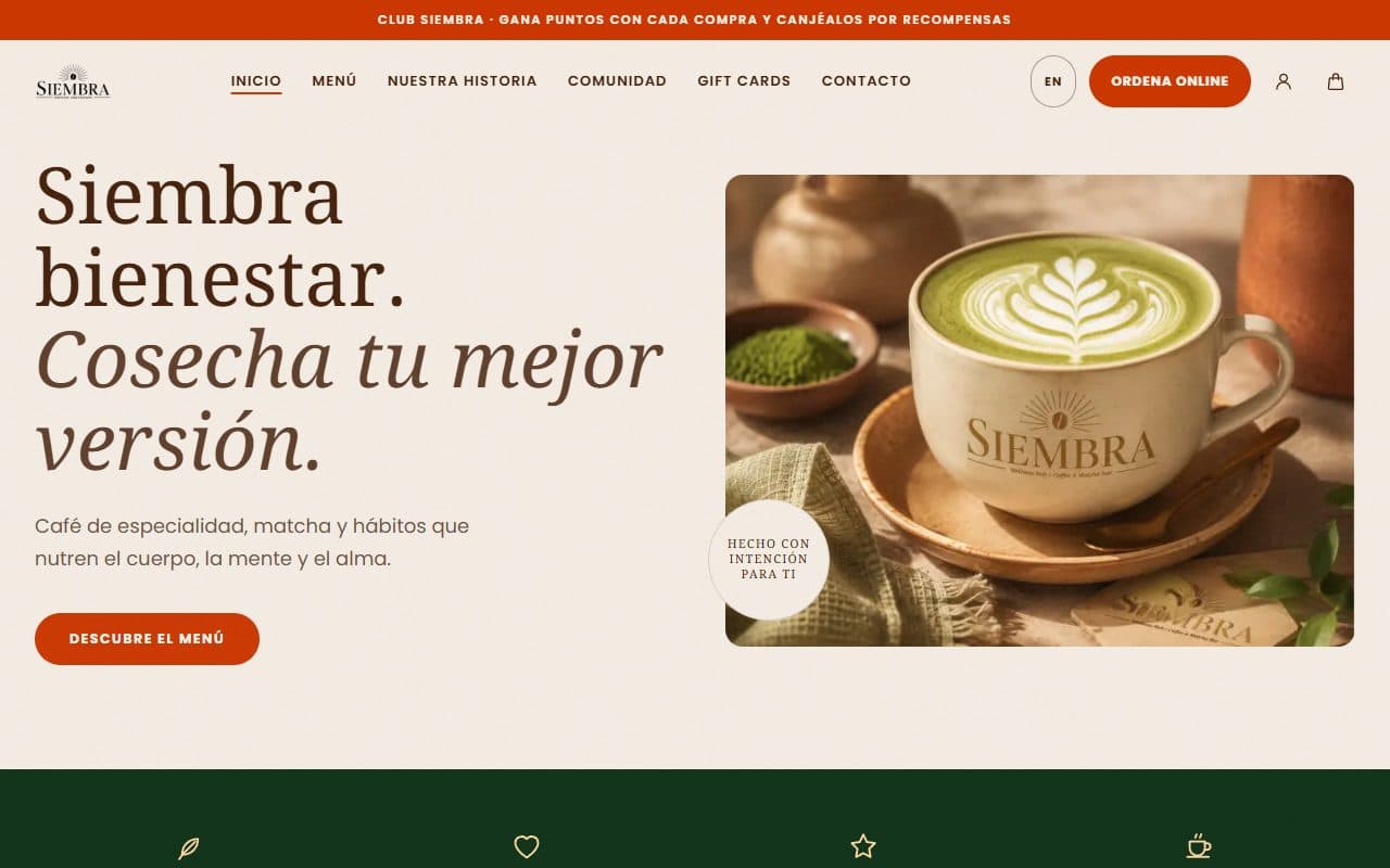 Página de inicio del sitio de Siembra Cafe & Matcha Bar